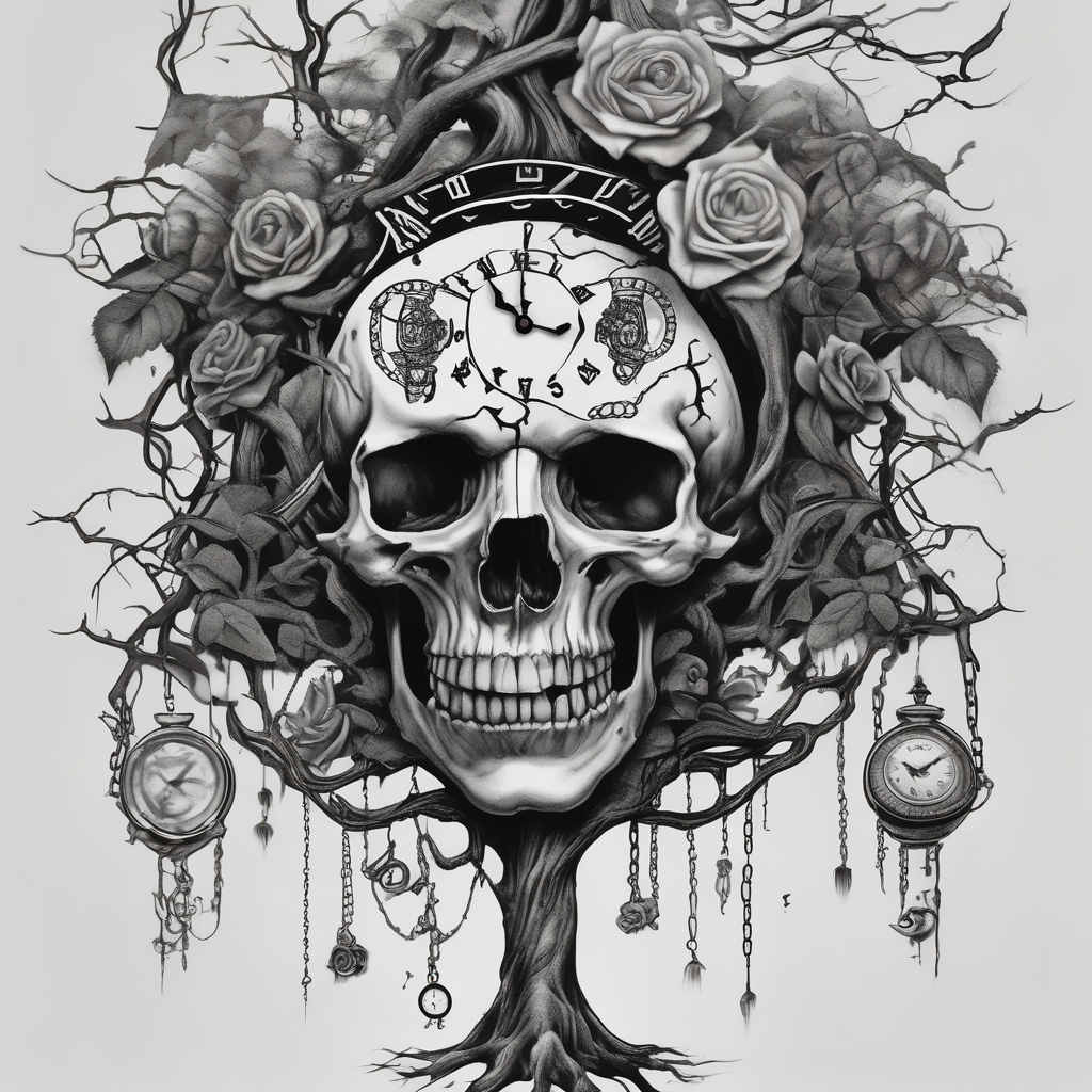 tattoo fool sleeve, tree roots break out of the chains, broken mask, clock with flying numbers, girl, skull, roses drake tattoos, AI-generated Surreal tattoo design